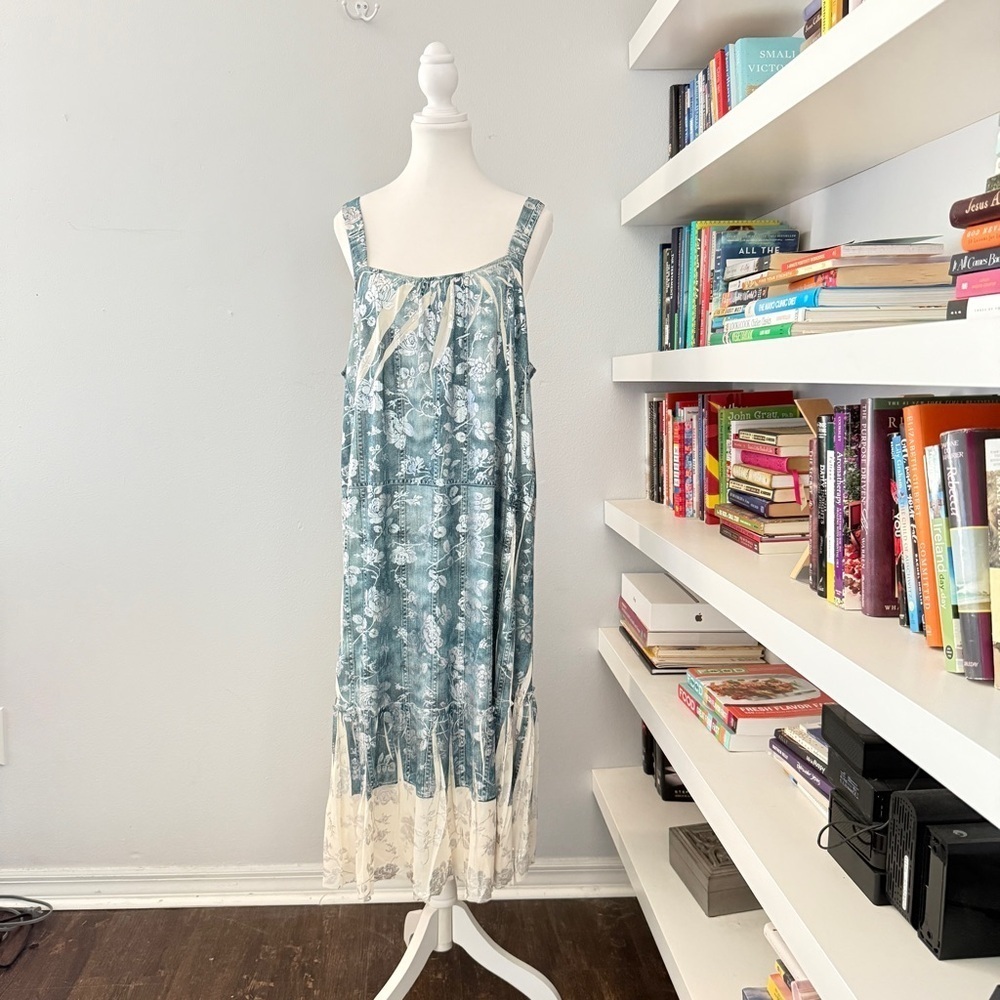 ORIGAMI by Vivien Faux Denim Ivory and Metallic Boho Dress Large